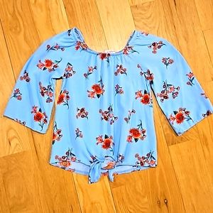 Girls Tie Front Blouse, Blue Floral - M
